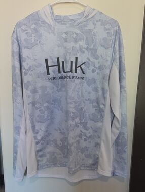 Huk Light Gray Camo Hooded Fishing Shirt- Large
